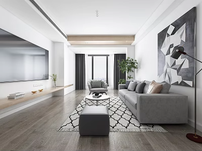 Modern Living Dining Room Interior Design With Grey Sofa Geometric Rug And Large TV 3d model