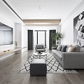 Modern Living Dining Room Interior Design With Grey Sofa Geometric Rug And Large TV