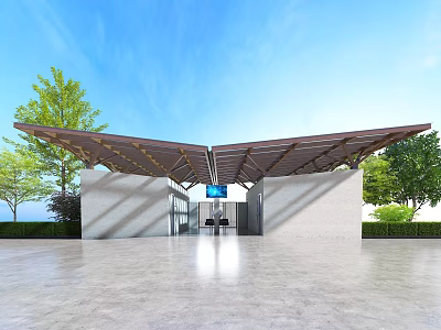 Modern Public Toilet With Wooden Roof Green Trees And Blue Sky Background 3d model