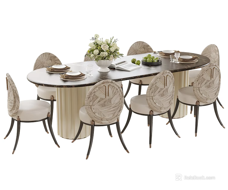 Elegant Round Dining Table And Chair Set With Flower Arrangement And Fruits 3d model 