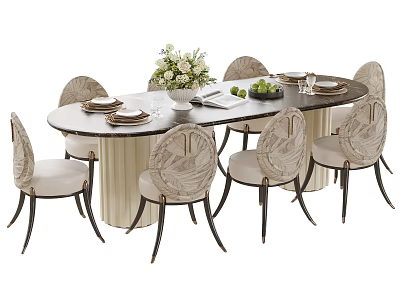 Elegant Round Dining Table And Chair Set With Flower Arrangement And Fruits 3d model