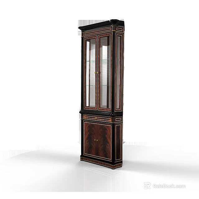 Elegant Tall Dark Wood Wine Cabinet With Glass Doors And Ornate Frame 3d model 