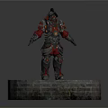 Armored Mythical Creature With Spiked Helmet Red Silver Armor Standing On Intricate Circular Platform
