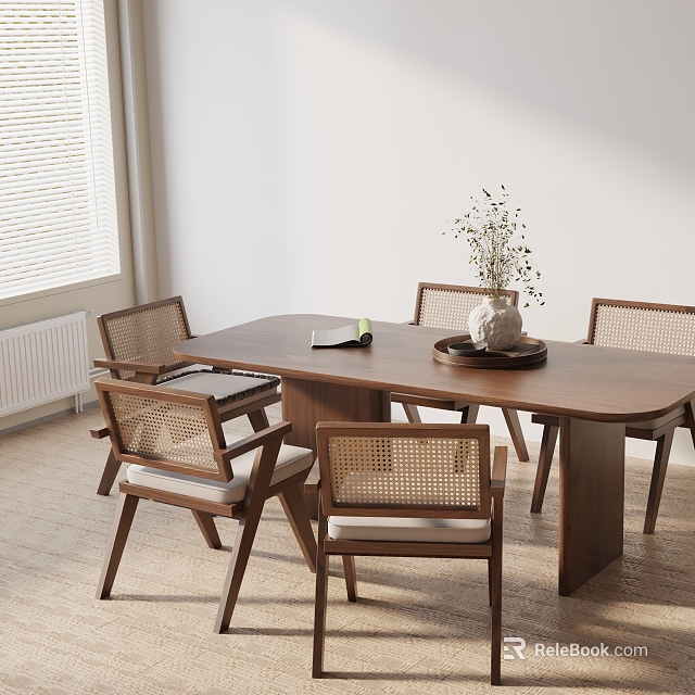 Minimalist Walnut Dining Table Set With Wicker Back Chairs Vase Book And Tray Interior 3d model 