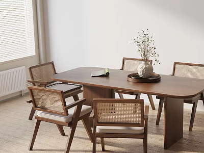 Minimalist Walnut Dining Table Set With Wicker Back Chairs Vase Book And Tray Interior 3d model