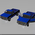 Two Blue Pickup Trucks Parked With Doors Open On Reflective Surface 3d model