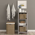 Neutral Toned Bathroom With Hanging Towels And Wicker Storage