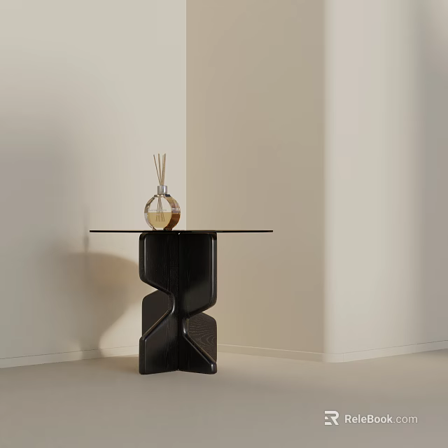 Modern Black Side Table with Glass Top Unique Geometric Base and Decorative Diffuser 3d model 