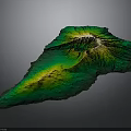 3D Volcanic Terrain Model With Green Yellow Elevation And Central Cone