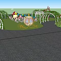 Whimsical Garden Landscape Design With Green Lawn Mushroom Shaped Structures Arches and Flower Beds