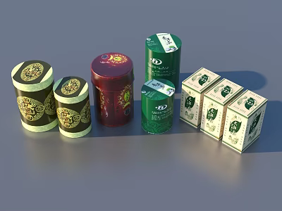 Assorted Tea Cans And Boxes With Colorful Designs And Sealed Lids 3d model