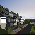 Modern Hotel Building Built on Hillside with Glass Curtain Walls Greenery Pathway and Distant Mountains