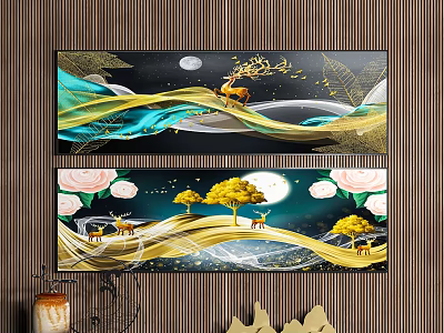 Decorative Wall Paintings With Moon Deer Trees Roses And Gold Blue Waves 3d model