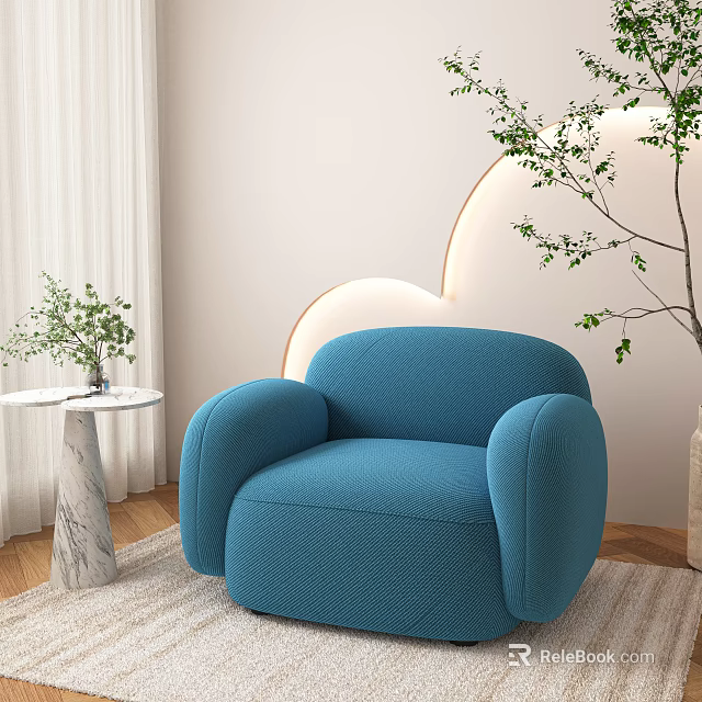 Blue Knitted Single Sofa With Marble Side Table Green Plants White Curtains And Arched Wall 3d model