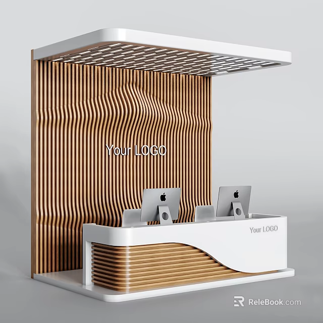 Modern Reception Desk With Wooden Wavy Wall Dual Apple Computers And White Wood Design 3d model 