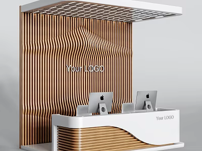 Modern Reception Desk With Wooden Wavy Wall Dual Apple Computers And White Wood Design 3d model