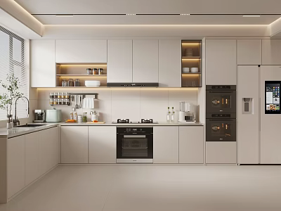 Modern White Kitchen Interior Design With Cabinets Stove Oven Countertop And Plant 3d model