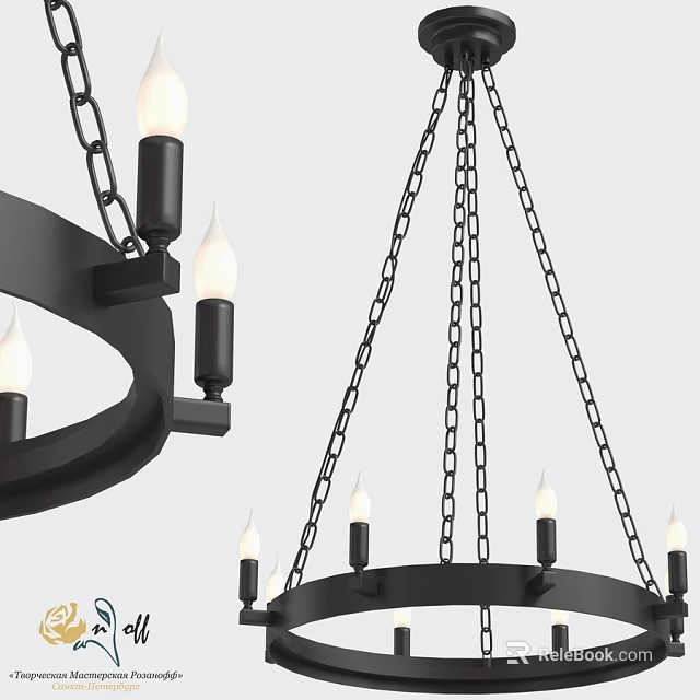 Modern Circular Chandelier With Black Metal Chains And Candle Shaped Bulbs For Interior Decor 3d model 