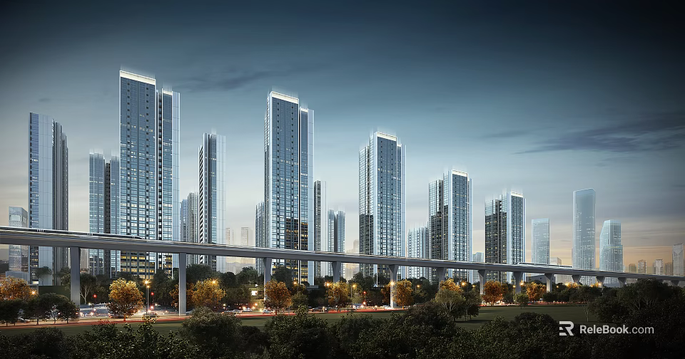 Modern High Rise Residential Buildings At Night With Street Lights Trees And Viaduct 3d model 