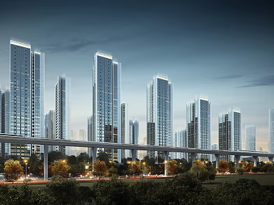 Modern High Rise Residential Buildings At Night With Street Lights Trees And Viaduct 3d model