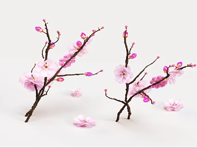 Pink Blossom Branches in Ceramic Vase with Scattered Petals on White Background 3d model