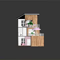 Cartoon Style Multi Level Dollhouse With Pink Interior Furniture Balcony Plants And Umbrella