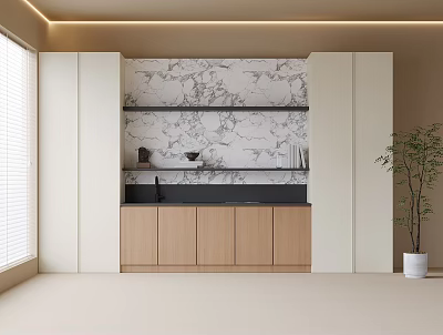 Modern Light Wood Sideboard With Black Countertop Marble Backsplash And Potted Plant 3d model