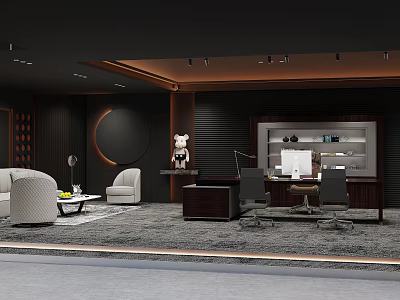 Modern Office Interior Design With Executive Desk Leather Sofa And Round Decor Elements 3d model