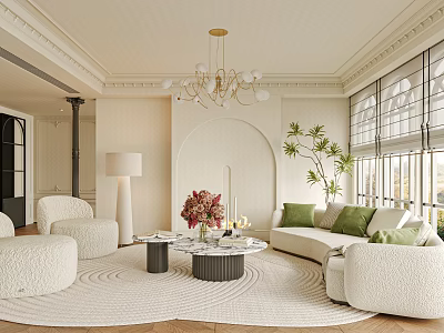 Elegant Modern Living Room Interior With Sofa Chandelier Green Plants And Area Rug 3d model