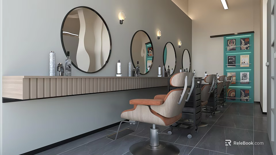 Modern Hair Salon Interior Design With Round Mirrors Styling Chairs And Equipment 3d model 