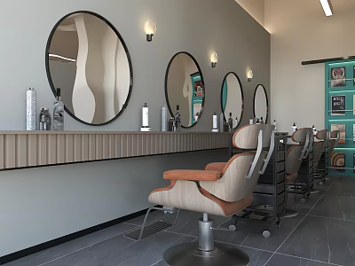Modern Hair Salon Interior Design With Round Mirrors Styling Chairs And Equipment 3d model