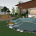 Elegant Garden Landscape With Iron Gate Stone Wall Steps Pond Green Plants And Gazebo