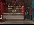 Traditional Hot Pot Restaurant With Red Background Beef Flavor Wooden Structure And Leaf Decorations
