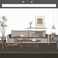 Modern Living Room Interior With Light Gray Sofa Wooden Coffee Table And Beige Herringbone Rug