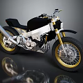 Stylish Black and Silver Motorcycle with Gold Rims on Reflective Surface 3d model