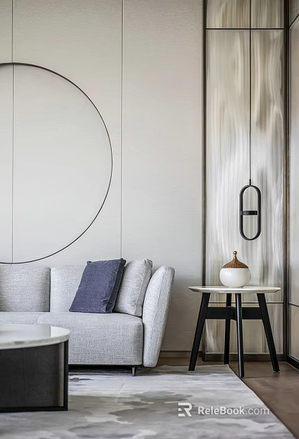 Modern Living Room Interior With Side Table Blue Cushion Gray Sofa Round Mirror White Vase 3d model 