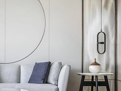Modern Living Room Interior With Side Table Blue Cushion Gray Sofa Round Mirror White Vase 3d model