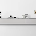 Modern Light Gray TV Stand with Panda Figurine Photo Frames Vase Flowers and Books