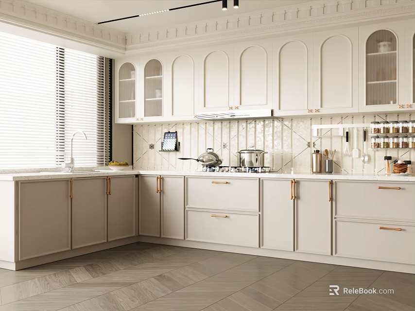 Modern White Kitchen With Arched Door Cabinets Countertops Window Blinds And Wall Shelves 3d model 