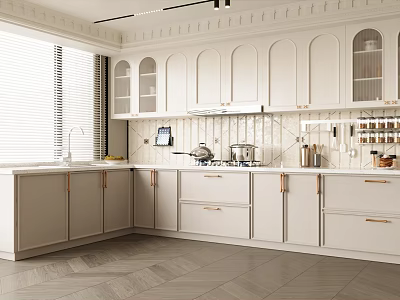 Modern White Kitchen With Arched Door Cabinets Countertops Window Blinds And Wall Shelves 3d model
