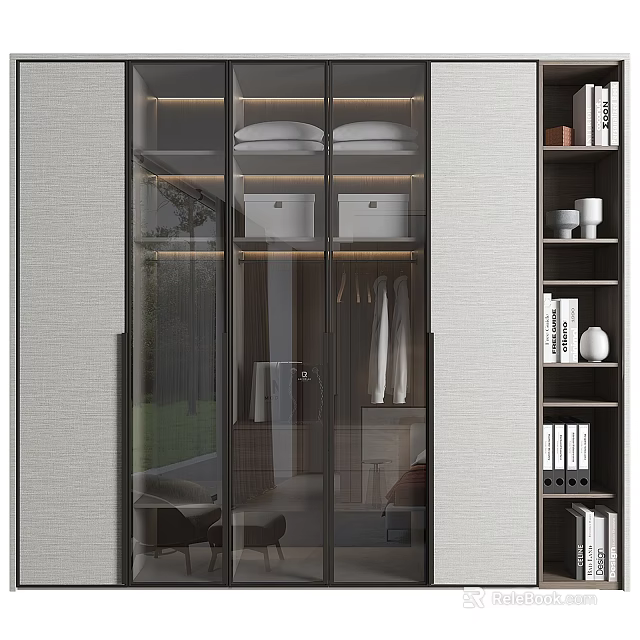 Modern Wardrobe Interior With Glass Doors LED Lighting Built-in Shelves And Hanging Rods 3d model 