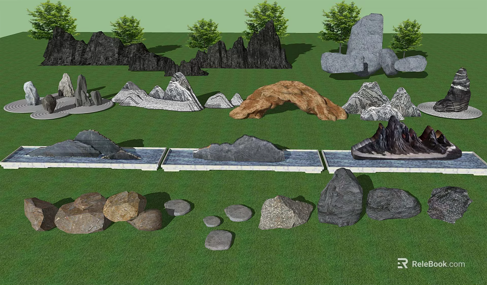 Various Natural Stones And Wooden Arch In Outdoor Garden Landscape With Water Features 3d model 