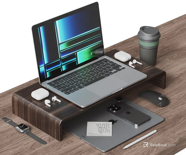 Laptop On Wooden Desk Stand With Mouse Earbuds Smartphone Coffee Cup And Pen 3d model 