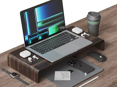 Laptop On Wooden Desk Stand With Mouse Earbuds Smartphone Coffee Cup And Pen 3d model