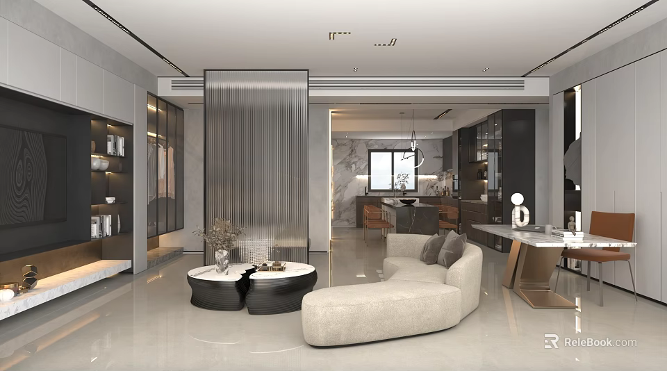 Modern Living And Dining Area Interior With Curved Sofa Coffee Tables And Decorative Vase 3d model 