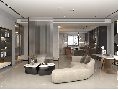 Modern Living And Dining Area Interior With Curved Sofa Coffee Tables And Decorative Vase 3d model