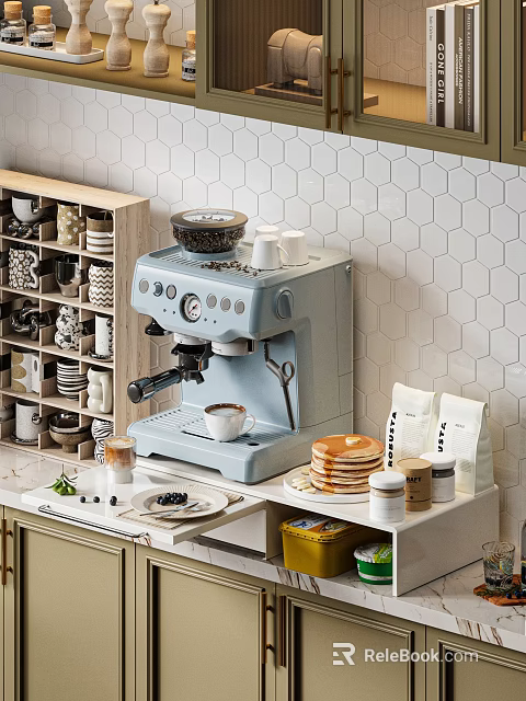 Decorative Ornaments Set Featuring Light Blue Coffee Machine Pancakes Small Jars And Hexagonal Tile Wall 3d model