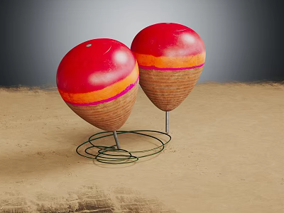 Two Red Spheres With Orange Pink Stripes Brown Bases On Metal Spring Stands On Sand 3d model