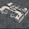 Modern Office Cubicle Workspace With Desks Monitors Chairs Plants And Storage