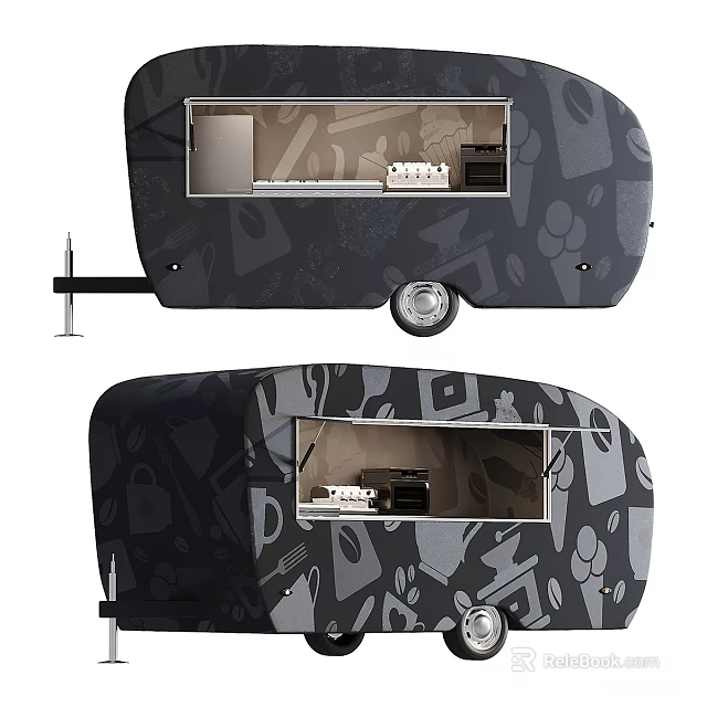 Patterned Mobile Trailer Interior Design With Kitchen Appliances And Cabinets 3d model 